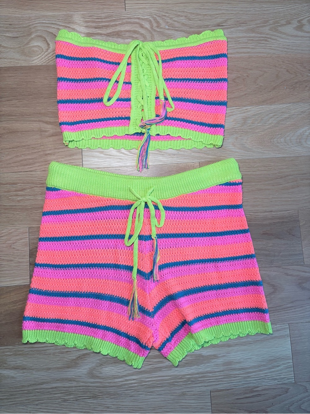 Almost Famous Neon Crochet Stripe High-Waist Shorts - Pink & Lime